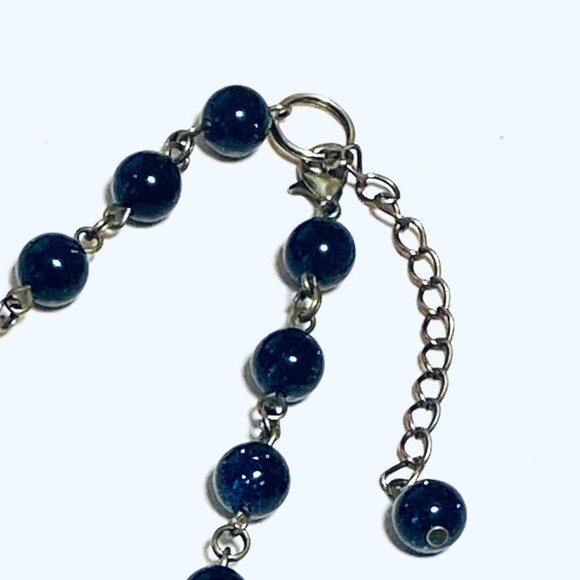 Dark Blue Goldstone Bronze Link Adjustable Short Necklace w/ Cute Acorn Pendant - Picture 11 of 15